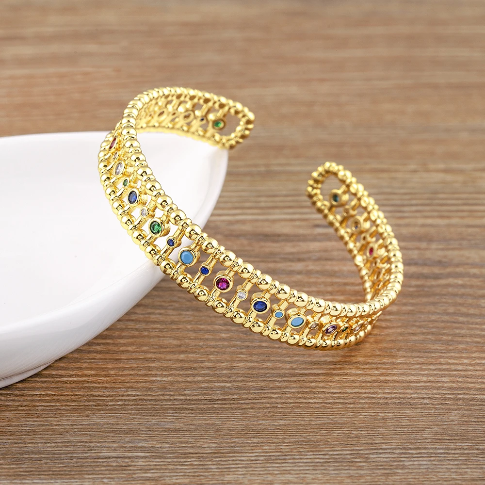 

AIBEF Gold Color Hollow Beaded Design Bangles Bohemia Colorful Rhinestone Open Adjustable Wide Cuff Bracelet Women Hand Jewelry