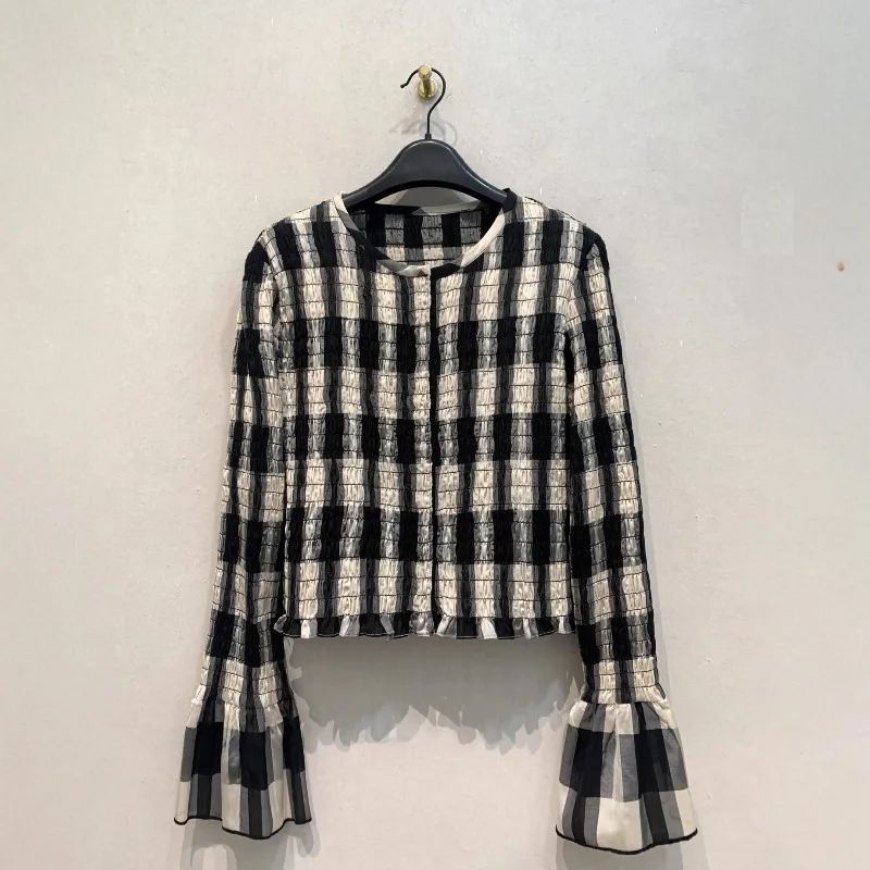 

ZEMOREXMZ Elegant Minority Moda Shirts Plaid Early Autumn Vintage Literary Panelled Blusas New Plaid Flare Sleeve Crop Top