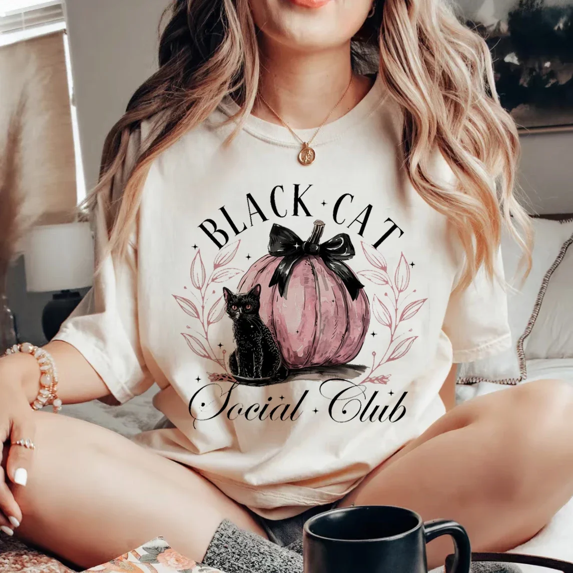 Coquette Black Cat Social Club Pumpkin Printed Pattern New Cute Top Basic Casual Style Versatile Sweet Halloween Fashion T-Shirt