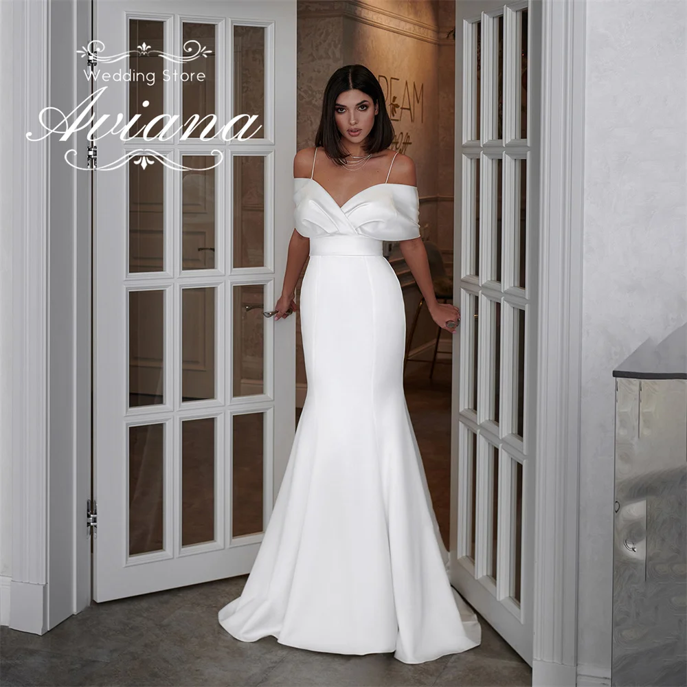 Aviana مخصص الخامس الرقبة قبالة الكتف حورية البحر فستان الزفاف طول الأرض عارية الذراعين السباغيتي حزام بسيط الكشكشة أنيقة