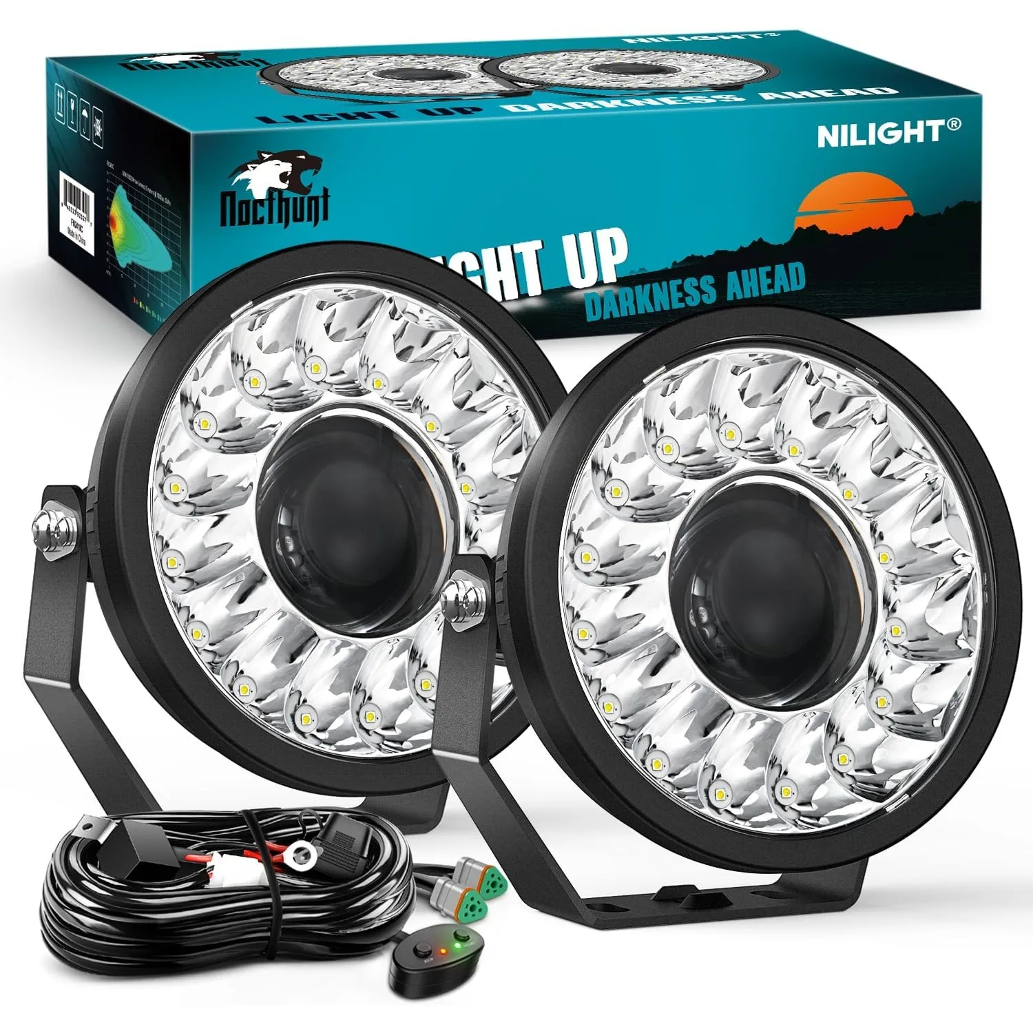 Nilight 7 Inch LED Offroad Driving Lights with DRL 2 PCS 100 W Round Hyper Spot Beam Offroad Light w/ 12 AWG DT Connector Wiring Harness Kit for Jeep Truck ATV UTV SUV