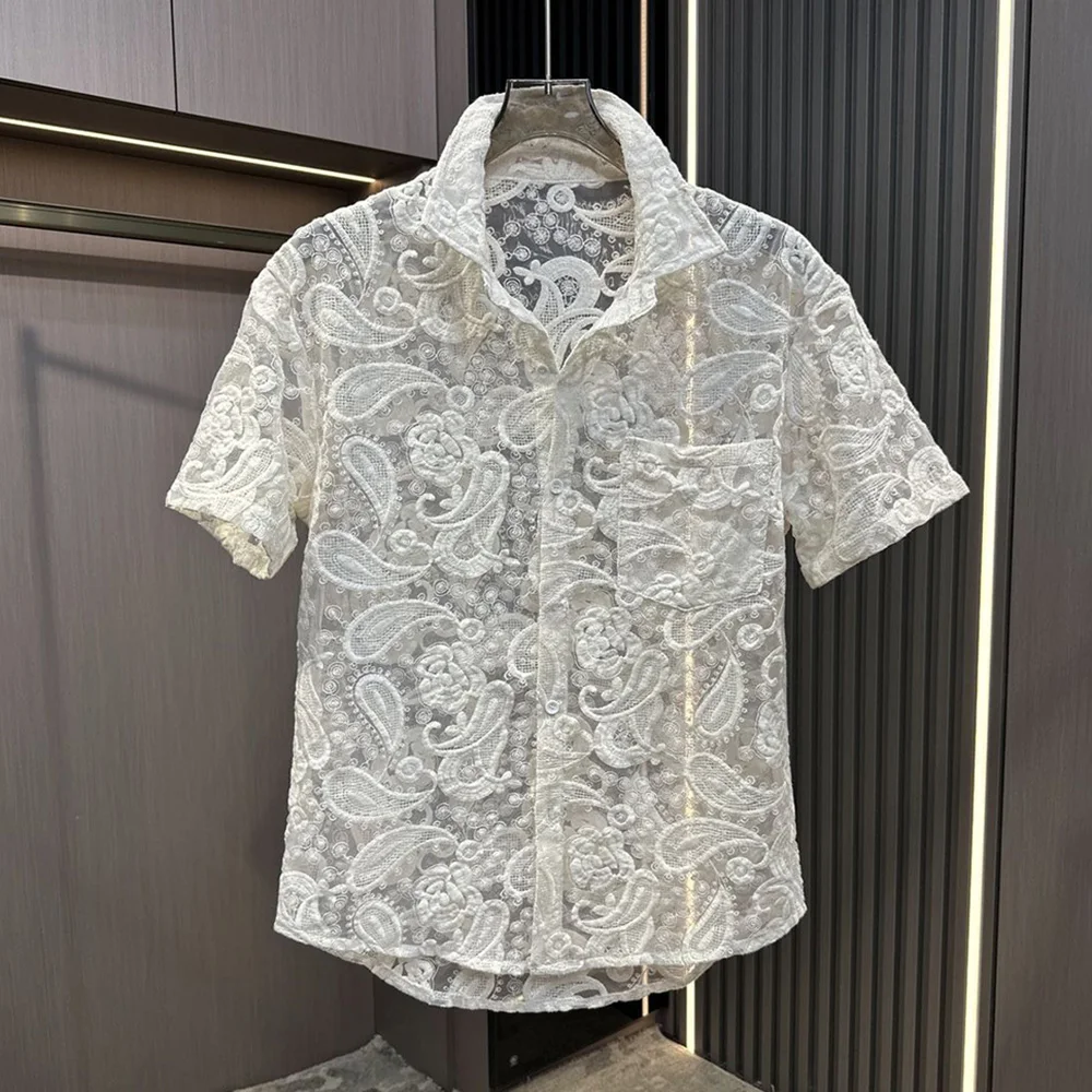 Mens Shirt Shorts Sets Hollow Jacquard Floral Embroidered Shirt Summer Casual Exquisite Short Sleeve Shorts Chic Attractive Sets