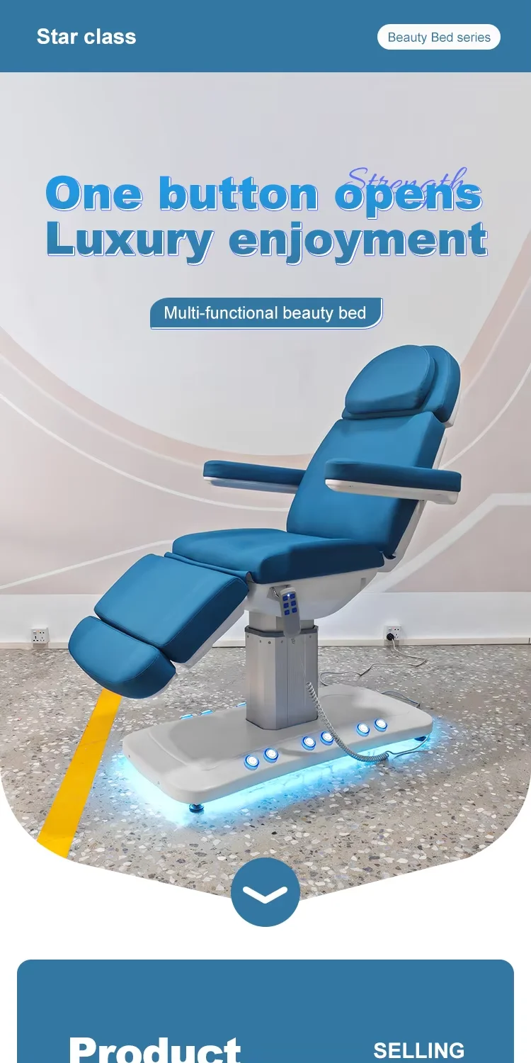 High Quality Beauty Salon Furniture 3 Motors Salon Facial Spa Bed Luxury Blue Leather Foot Control Massage Table and Bed