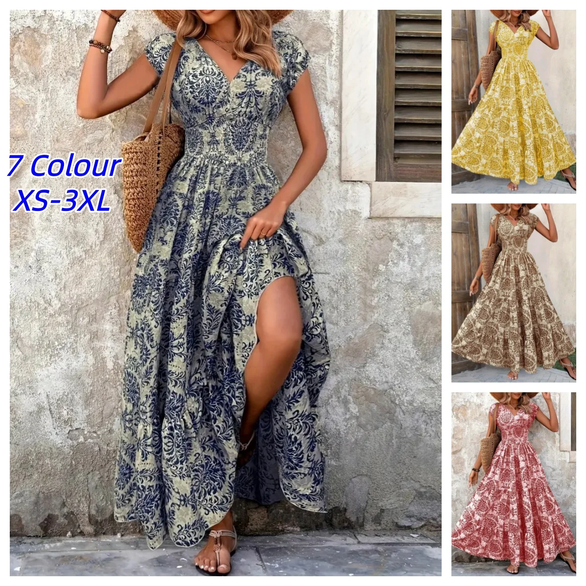 Damen Sommer Retro Mode Blumenmuster Sexy V-Ausschnitt Kurzarm Hohe Taille Mittellange Böhmische Lose Urlaubskleider