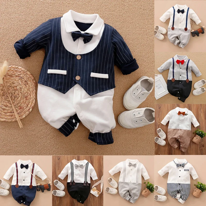 Newborn Baby Romper Baby Boy Clothes Jumpsuit Overalls Infant Outfit with Bow Tie Baby Girl Toddler Costume 0 3 6 9 12 Months