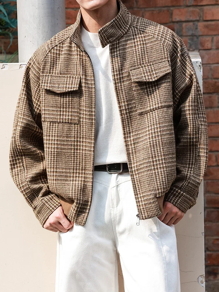 

Autumn Winter Fashion Plaid Jacket Daily Casual Long Sleeve Zip-up Stand Collar Coats Men's Vintage Pockets Coat Jackets