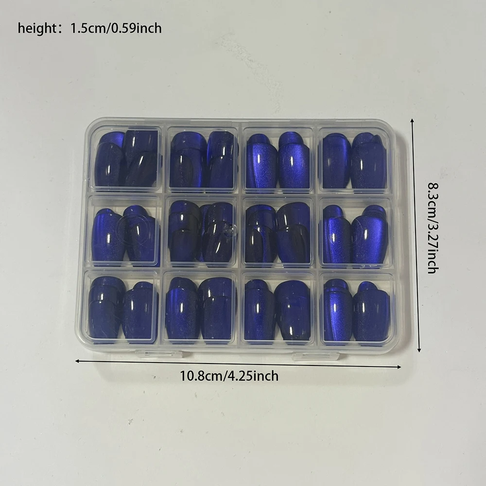 30/144Pcs Glossy Dark Blue Cat Eye False Nails Sparkly  Medium Oval Blue Press On Nails Artificial Full Cover Finger Fake Nails - view 6