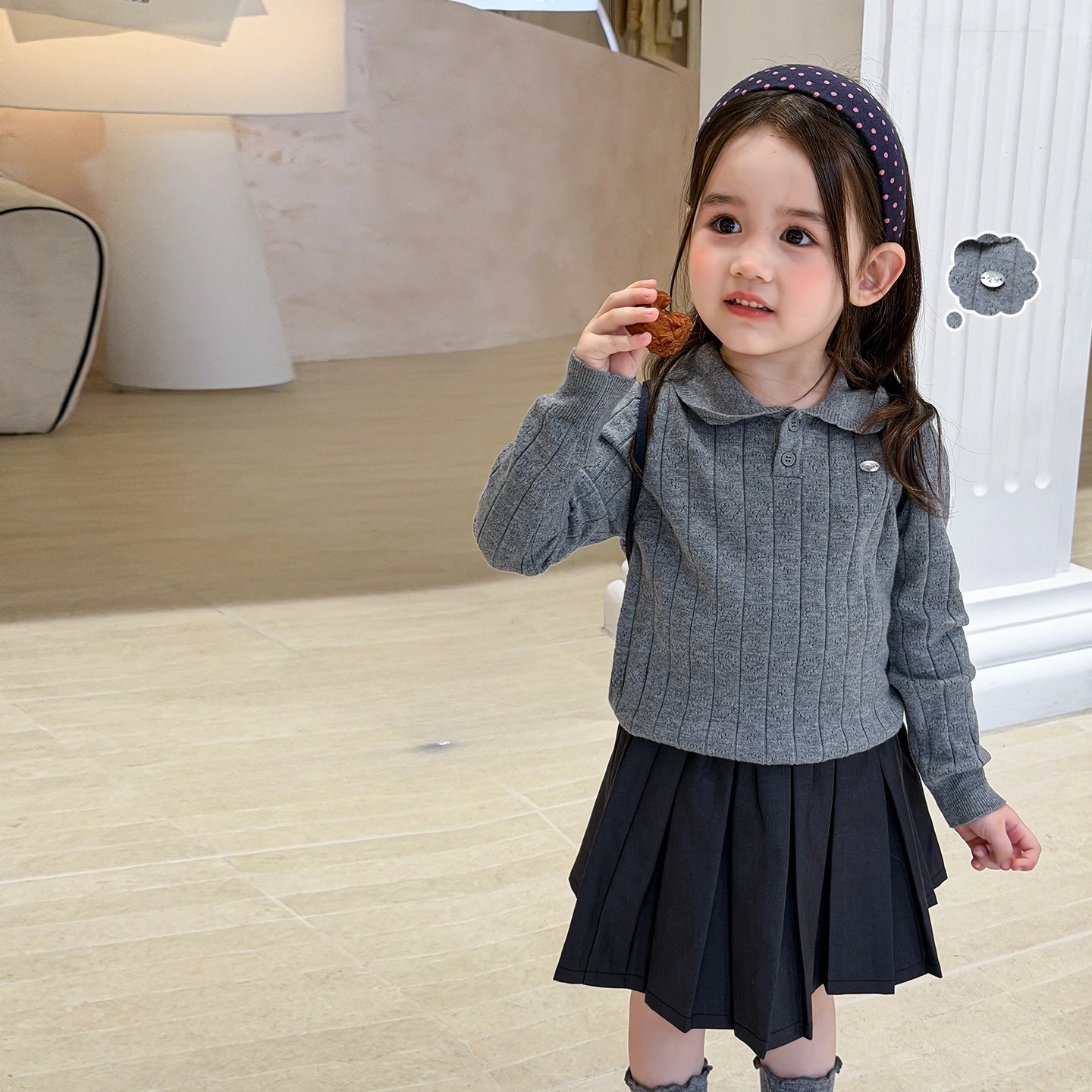 2026 New Girls Autumn Suit College Style Children Knitted Top Pleated Skirt Gray Style Dressing Fashion and Versatile