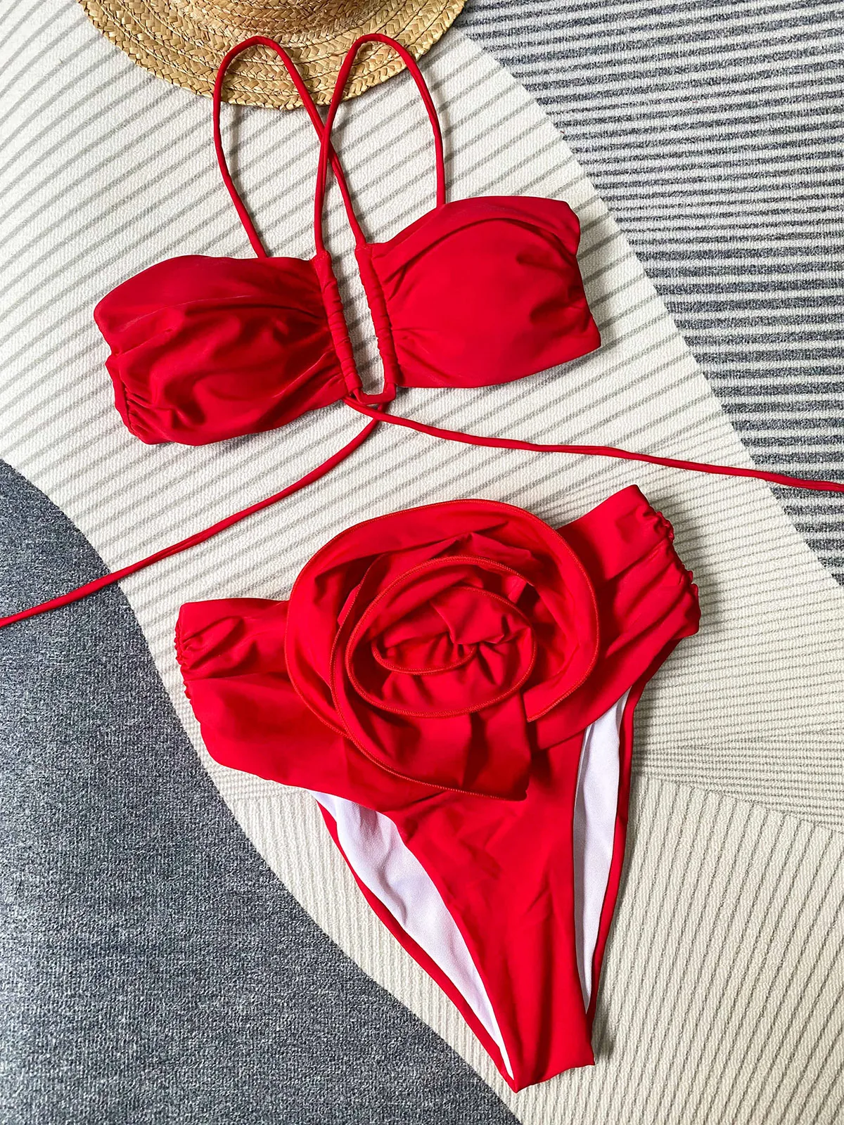 Sexy Flower High Waist Bikini Set Women Swimsuit Solid Color Hot Sale Biquini Swimwear Bathing Suit 2024 Summer Female Beachwear