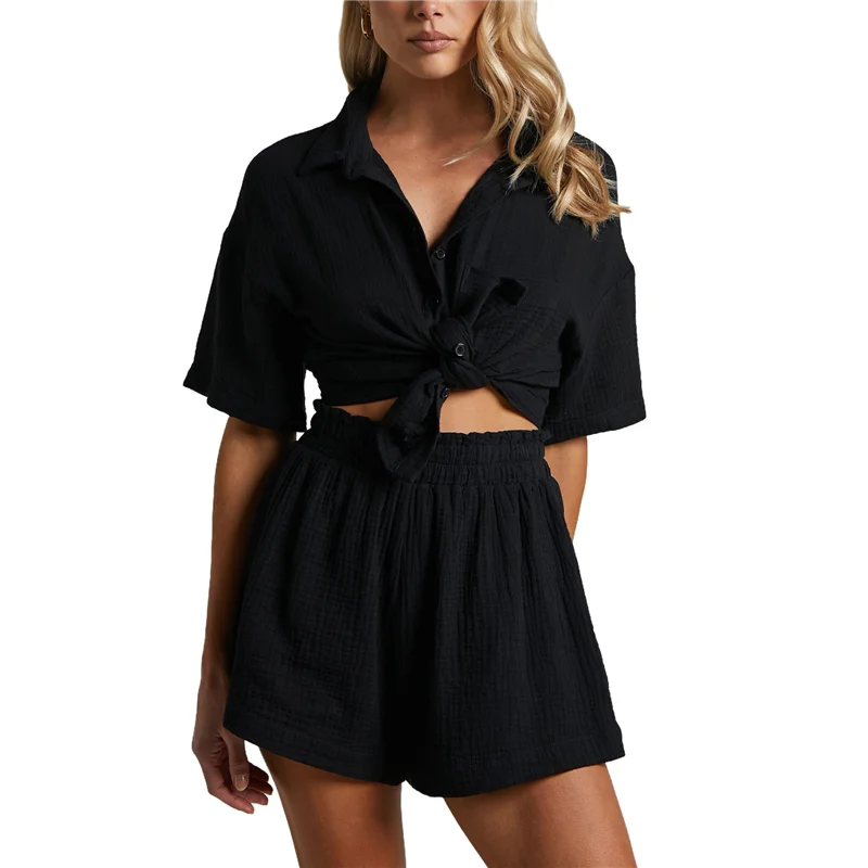 Conjunto casual de 2 piezas para mujer Conjuntos de lino y algodón Camisa con botones Pantalones cortos Ropa de resort 2025 Conjunto de pijama para playa