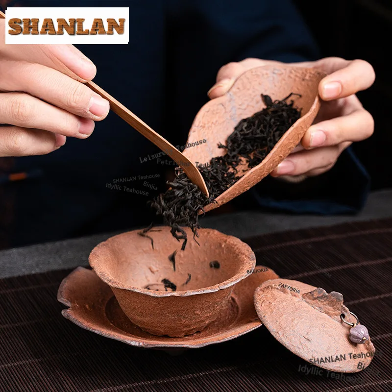 HOYIHM 150ml Coarse Clay Stone Pattern Gaiwan Vintage Tea Tureen Tea Bowl With Lid Kit Tea Maker Cover Bowl Drinkware Ornaments