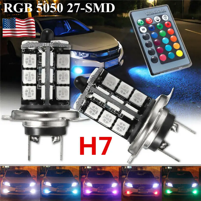 

2pcs Car H7 RGB + Remote Control LED Fog DRL Driving Light Bulb 27SMD Bright