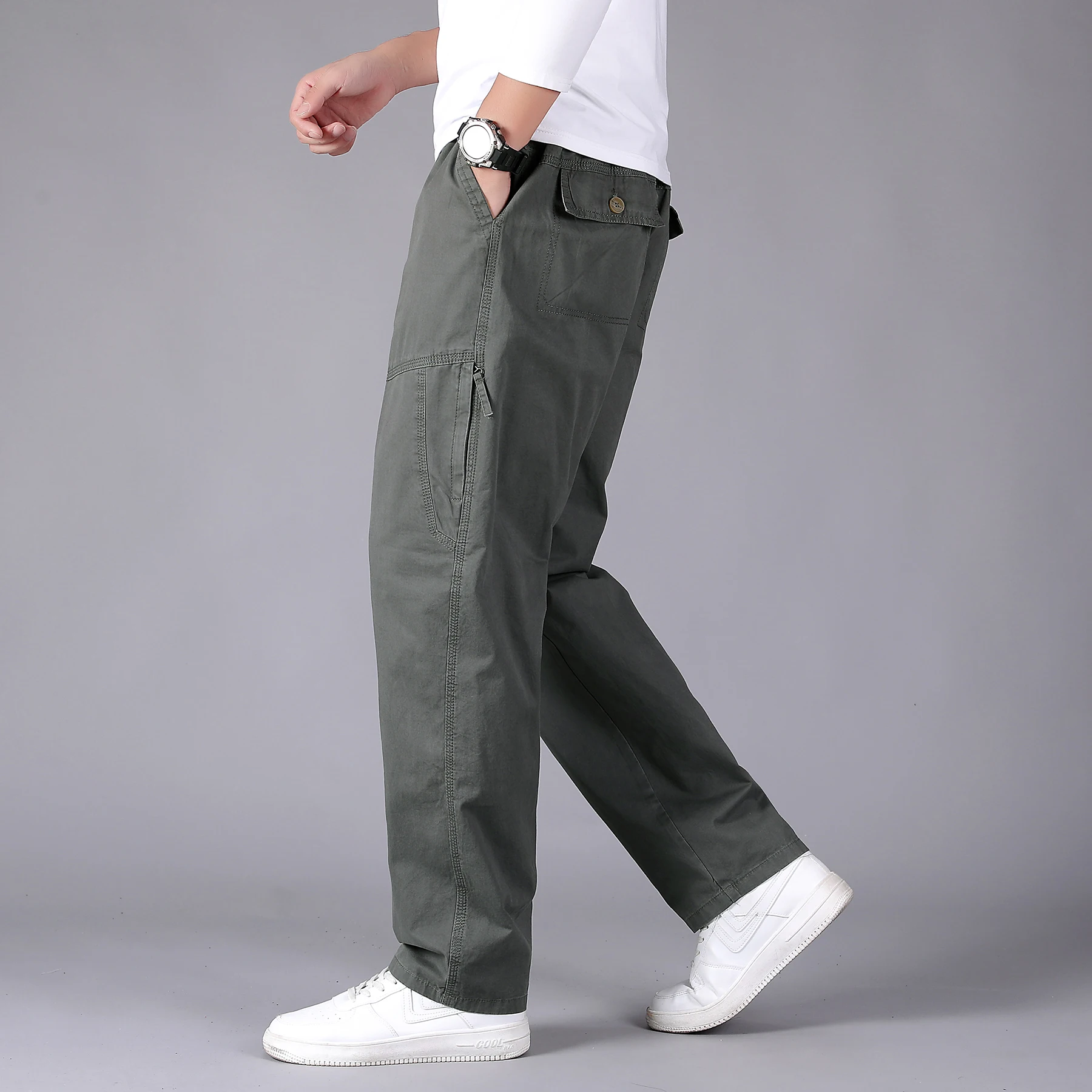 Men\'s Oversized Cargo Pants Loose Fit Zipper Pockets Tactical Military Pants Drawstring Straight Baggy Trousers Plus Size