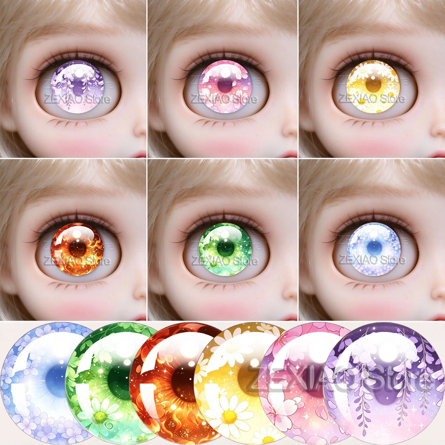 Beautiful Wisteria Daisy Cherry Blossom Printed Blythe Doll Eye Chips Glass Cabochon Eye DIY Jewelry Supplies Wholesale MS014