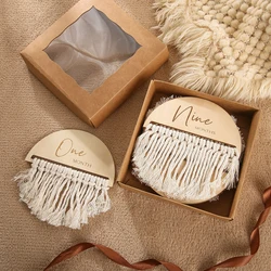 Tarjetas de hitos mensuales de madera para bebé, borla de doble cara, hitos mensuales de madera, accesorios de sesión de fotos para recién nacido, regalos de ducha, 7 piezas por juego