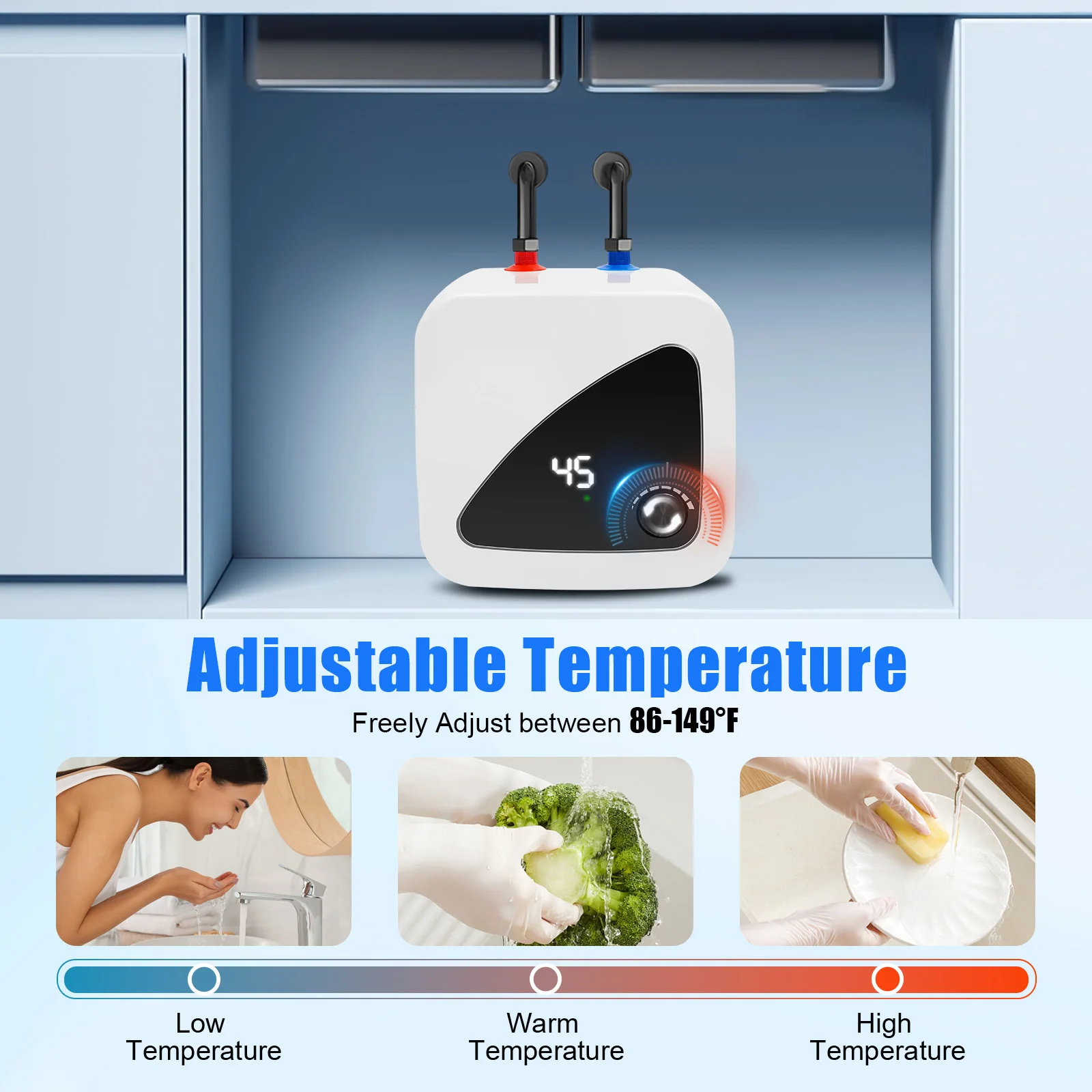 سخان مياه ساخن فوري تحت المغسلة بقدرة 1500 وات، سخان مياه كهربائي صغير الخزان، شاشة رقمية للمطبخ، RV، الغسيل #3