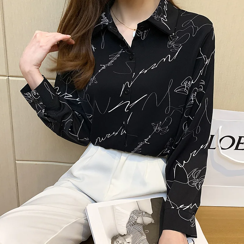 Women Spring Korean Fashion Loose Graffiti Printing Polo-Neck Long Sleeve Shirts Women Clothes Casual All-match Office Lady Tops