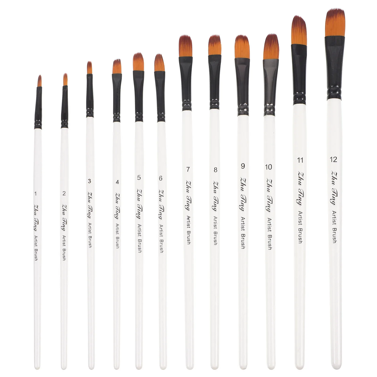 

12Pcs Painting Brush Set Nylon Hair White Wooden Handle Double Crimped Copper Ferrules for Acrylic Watercolor Oil Gouache Face