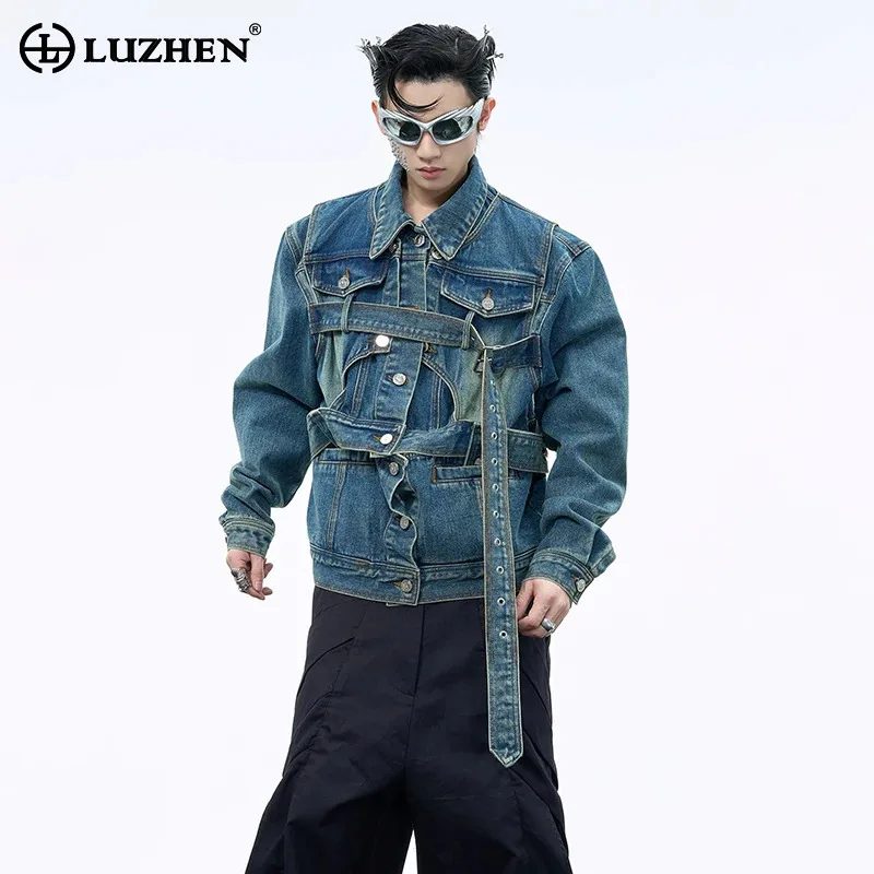

Джинсовая куртка LUZHEN Wornout, стираная лоскутная куртка с разрезом, персонализированная короткая уличная роскошная модная новинка 2025, мужские пальто, весна JY4696