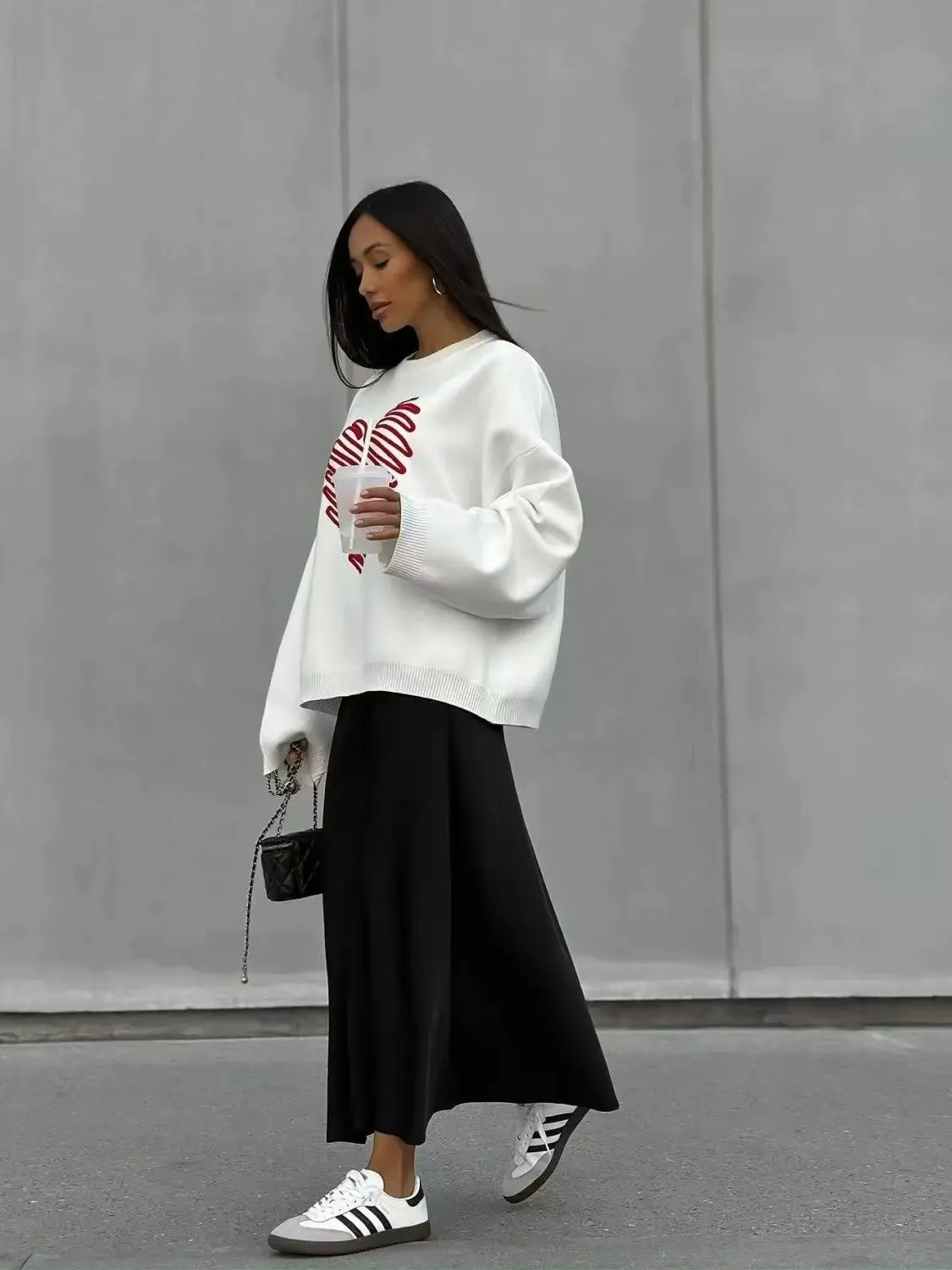 

100% Pure Cotton Autumn And Winter Women's Line Love Pattern White Round Neck Sports Retro Casual Thick Loose Pullover