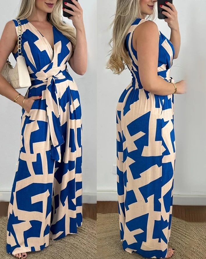 

Sexy Geometric Print Tied Detail Wide Leg Jumpsuit New Fashion Casual One Pieces 2024 Summer Woman Long Jumpsuits Elegant