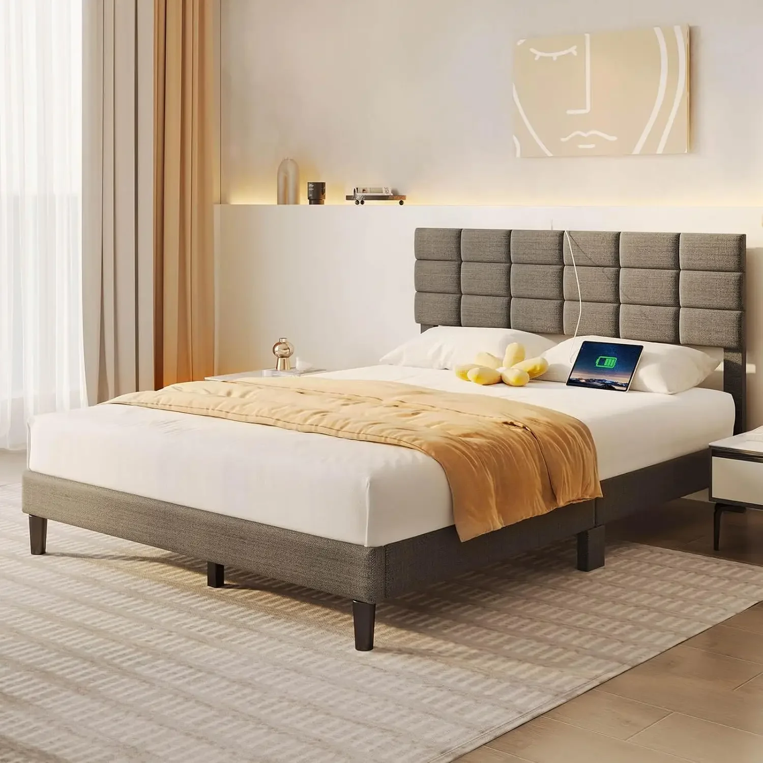 Seventable Full Bed Frame with Charging Station and Storage Headboard, Upholstered Bed with Heavy Duty Wood Slats, No Box Sprin