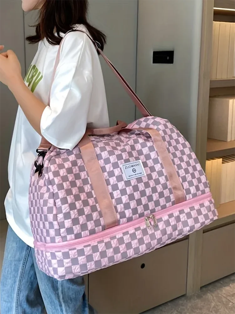 Large Capacity Checkerboard Pattern Duffle Handbag, Lightweight Travel Luggage Storage Bag, Portable Sports Fitness Bag