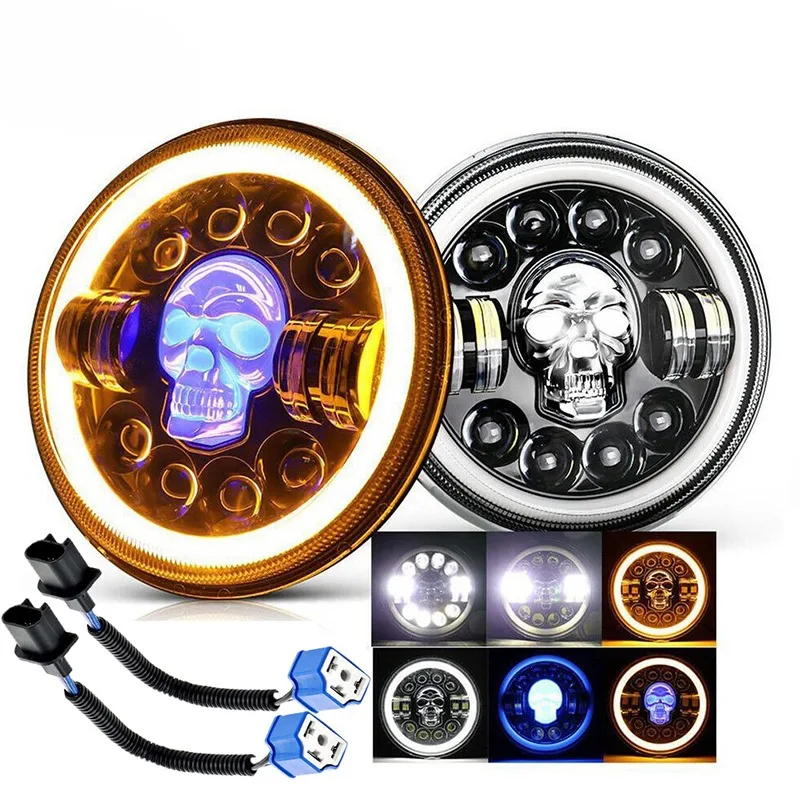 EURS LED 5.75/7 Inch Round LED Skull Headlight Far Near Light DRL 65W With Turn Signal Angel Eyes Shape Motorcycle Headlamps