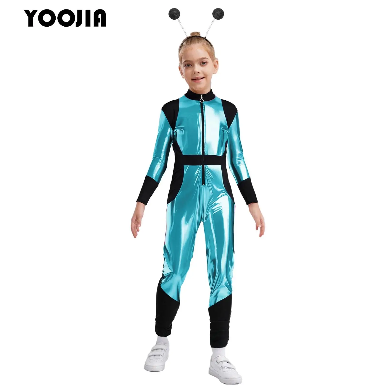 

Kids Alien Cosplay Costume Outfits Boys Girls Metallic Shiny Robot Space Astronaut Jumpsuit with Hair Hoop Halloween Party Suits