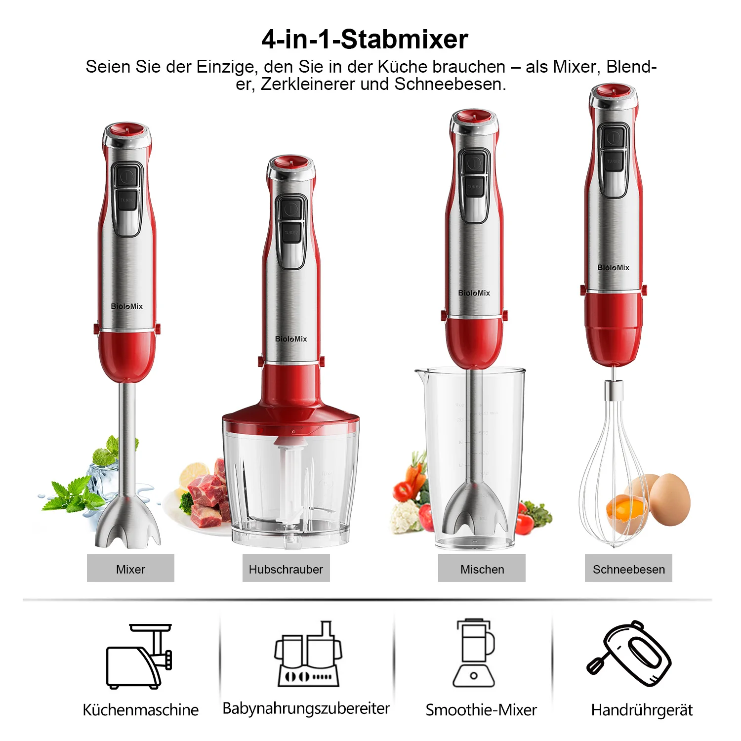 BioloMix Roter 1200 W 4-in-1-Stabmixer mit Zerkleinerer und Smoothie-Becher, Edelstahl-Tauchmixer für Babynahrung und Eiszerkleinerung – Detail 7