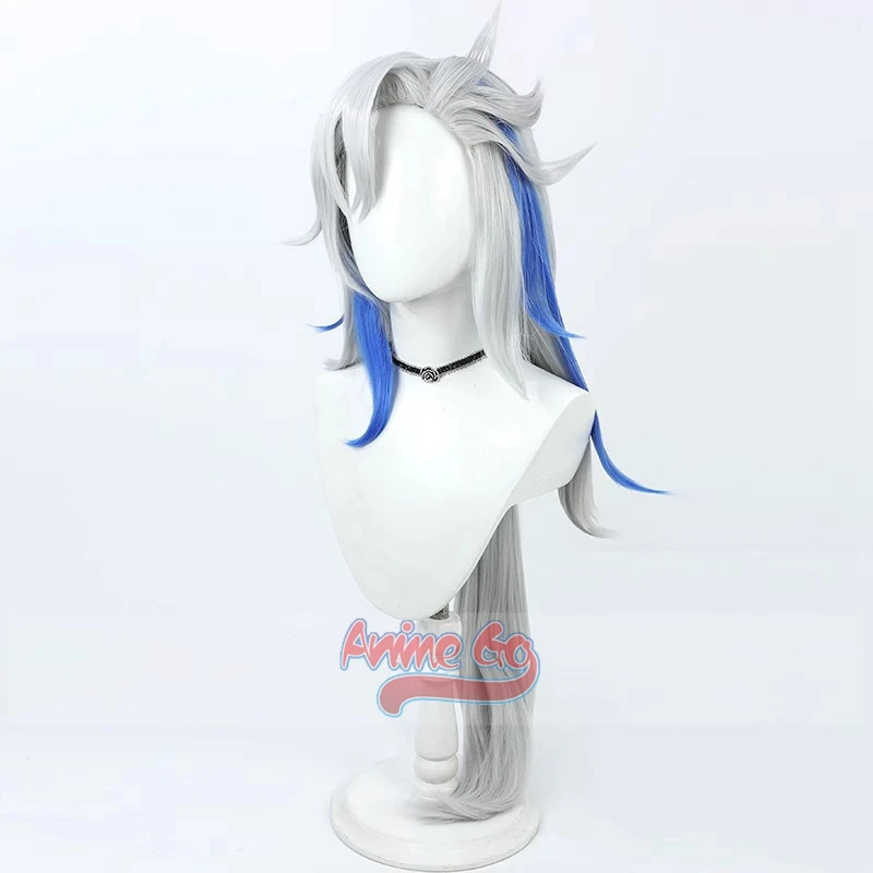 Perruque de cosplay de jeu Genshin Impact Neufausse, accessoire de cheveux bleus mélangés argentés, 100cm, 110cm, C08584