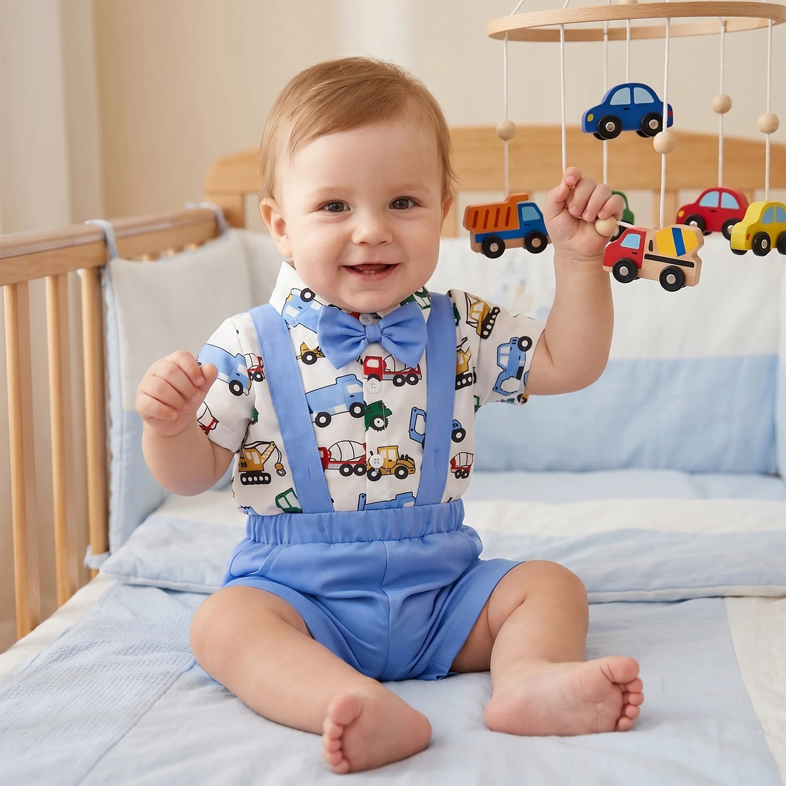 

2Pcs Infant Boy Summer Outfit Lapel Collar Short Sleeve Button Down Bowtie Decor Romper Shirt and Suspender Shorts Set