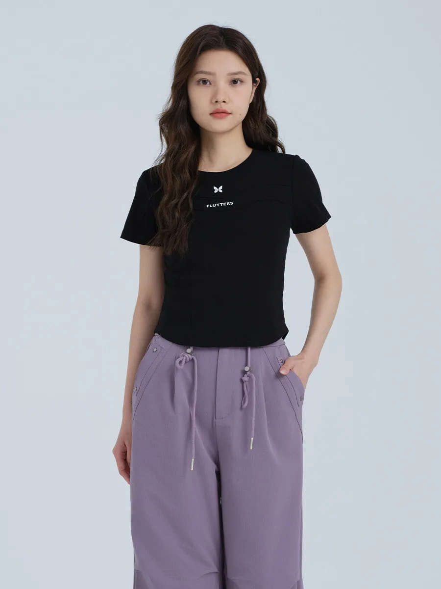 Camiseta de Manga Corta Ajustada Aylen para Mujer, Estilo Veraniego, Cuello Redondo, Top Deportivo Corto, Algodón Puro Transpirable