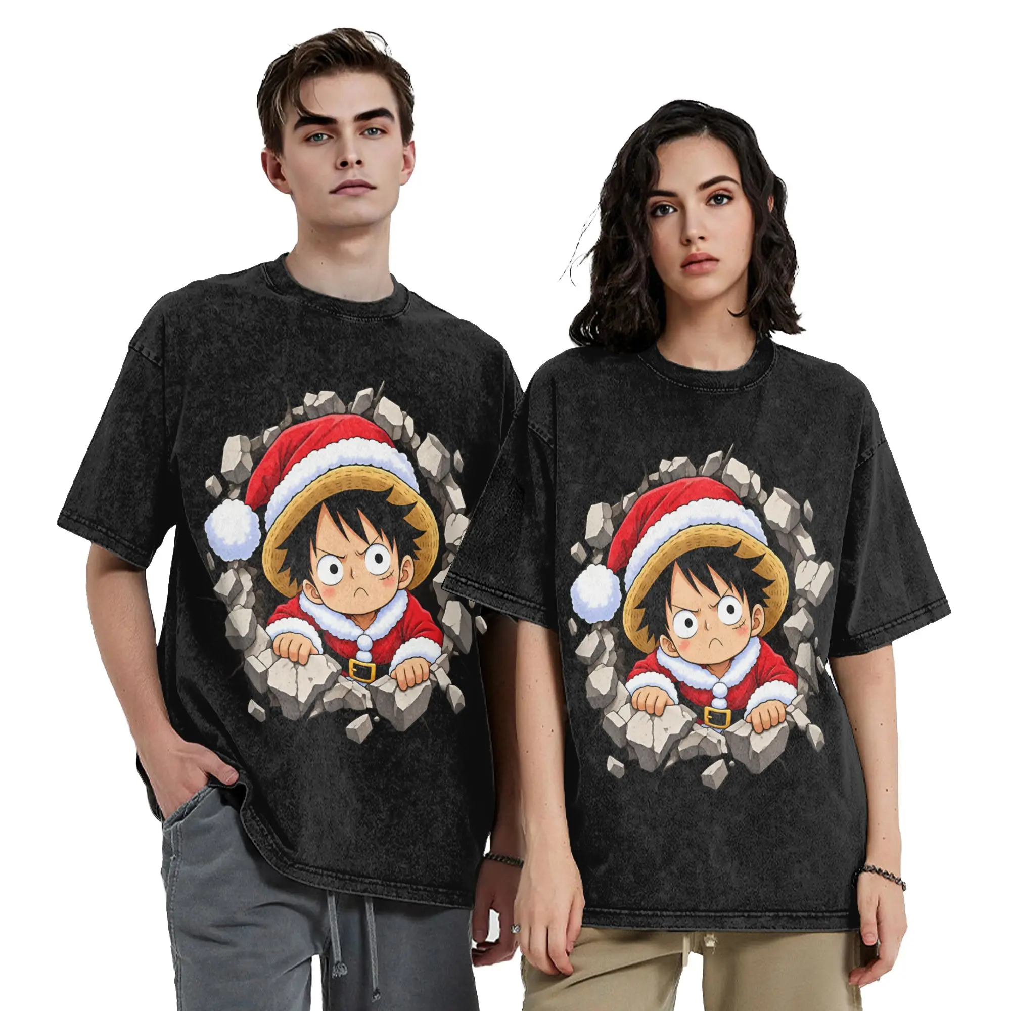Anime Ones Pieces Luffy Christmas Washed T Shirt Streetwear Vintage T-Shirts Tees for Men Women 100% Cotton Harajuku Summer