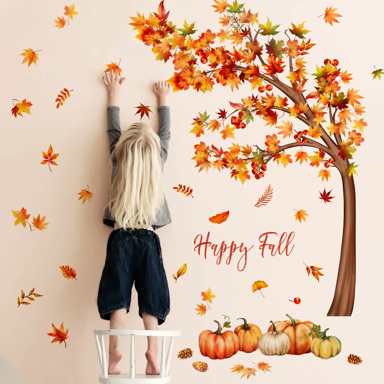 Fall Watercolor Style Maple Tree PVC Wall Sticker, Maple Leaf, Pumpkin, Self-adhesive, Home Decor, Living Room, Bedroom