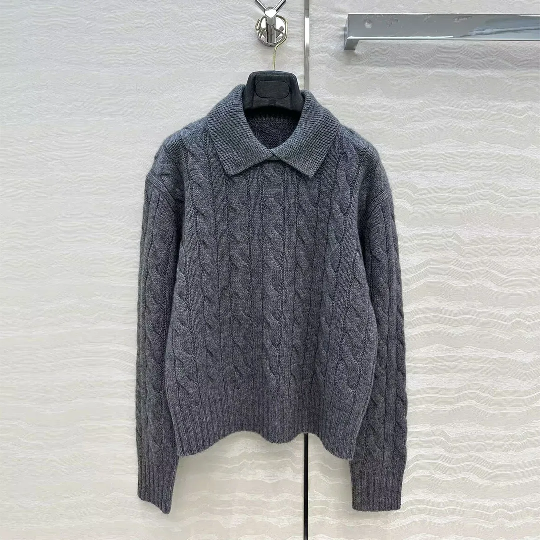 

New Autumn Luxury 100% Cashmere Cashmere Knitted Pullover Women Lapel Button Long Sleeve Twist Crochet Preppy Style Cute Sweater