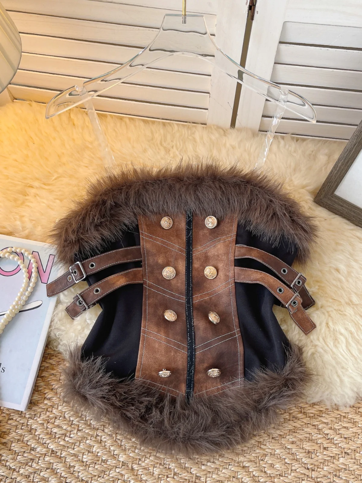 

American Vintage Strapless Vest for Women Autumn Fur Collar Leather Chic High Street Spicy Girl Slim Fit Tank Top Y2k Crop Top