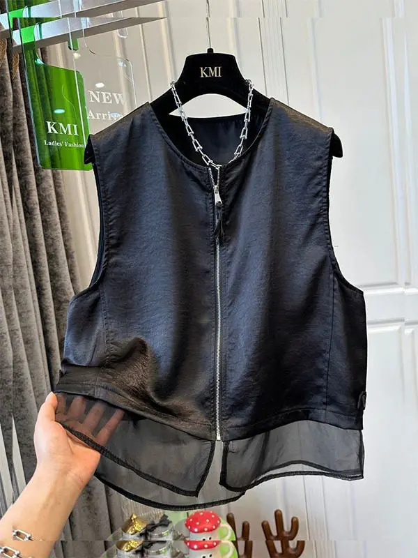 Large Size 300 Pounds Mesh Splice Tank Top Women Summer Loose Casual Layering Shoulder Pad Tank Jacket Outerwear