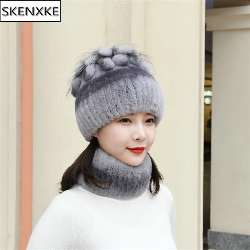 

Winter Real Rex Rabbit Fur Hat Scarf Sets Women Knitted Thick Real Rex Rabbit Fur Cap Scarves Outdoor Warm Lady 100% Natural Fur