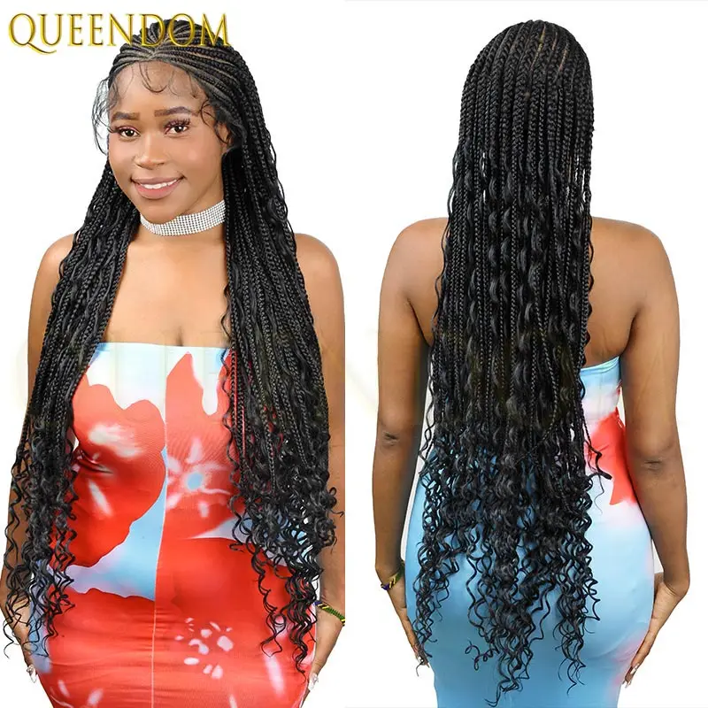 36 ''البوهيمي شعر مستعار دانتيل كامل للنساء السود الجانب جزء الاصطناعية مضفر آلهة صندوق جديلة فو Locs كورنو شعر مستعار