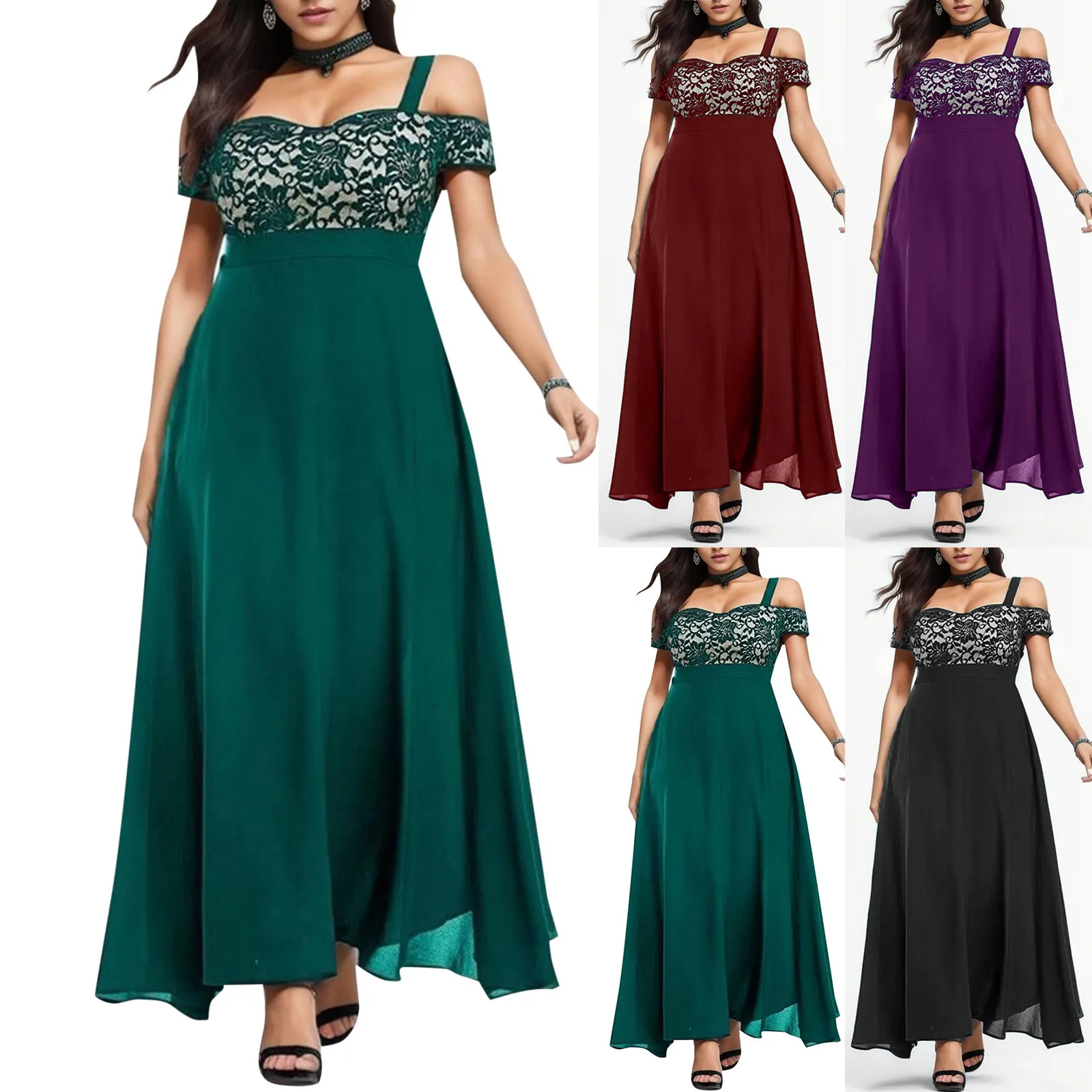 

2024 Women Plus Size Dresses Cold Shoulder Lace Floral Robe Fashion Party Evening Maxi Skirts Summer Casual Long Dress For Women