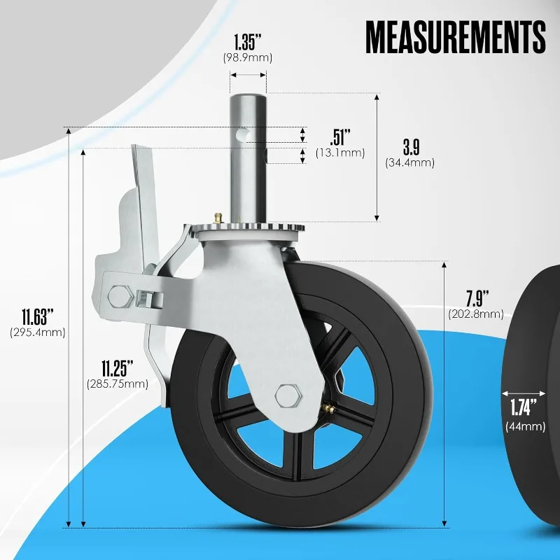 Ruedas de andamio, ruedas de andamio, 8 pulgadas, 4400 LB. Capacidad, juego de 4, frenos de doble bloqueo, accesorios de grasa, giratorio