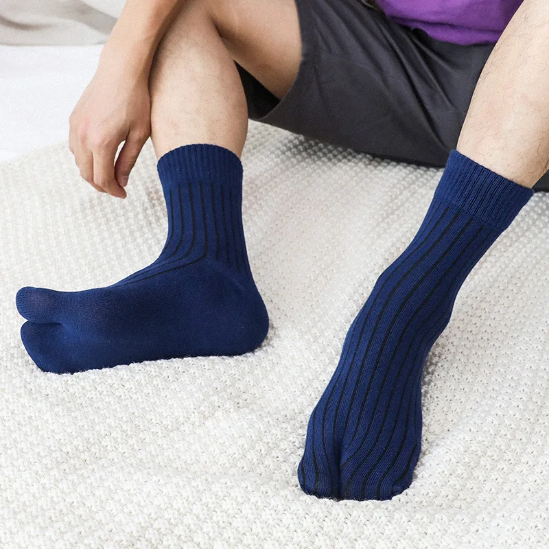 5 Pairs/lot Tabi Socks Men Cotton Autumn Winter Thick Middle Tube Striped Solid Color Sweat-absorbing Warm Split Toe Socks