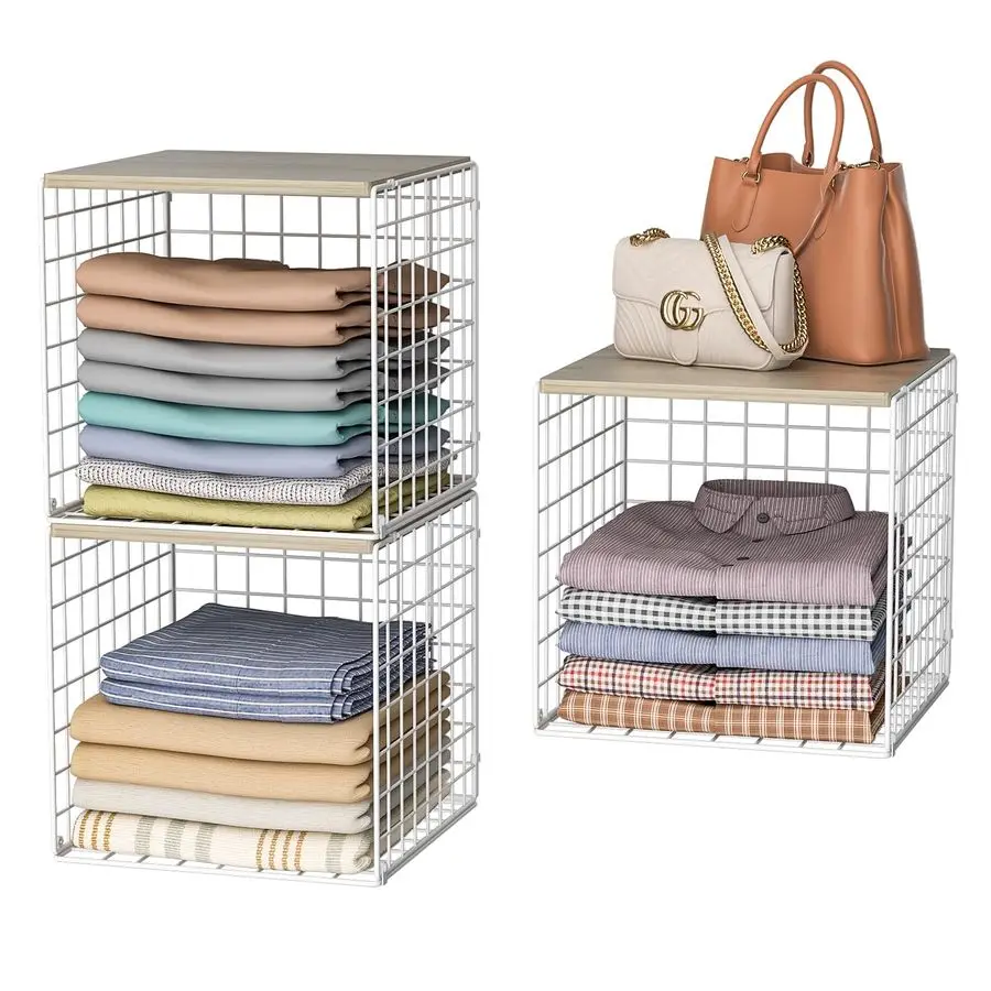 

Stackable Closet Organizers and Storage, Closet Shelves with Wood Top Extra Storage, Clothes Storage Organizer Basket Bin Cube
