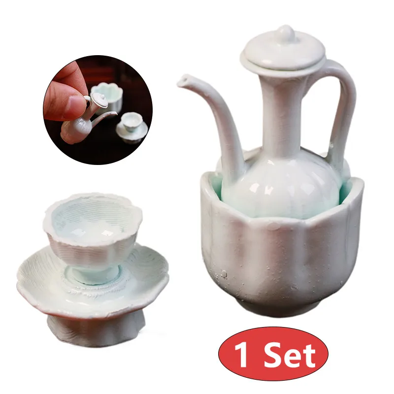 Dollhouse Mini Chinese Ancient Style Imitation Celadon Hand-held Teapot Tea Cup Model Dollhouse Kitchen Accessories