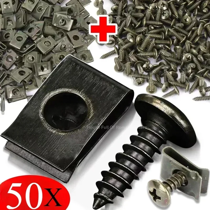 50set Mixed Set Fasteners Clip with Screw Car Metal Screw Clips Anti-rust Fender Bumper Protection U-Type Buckle Iron Sheet