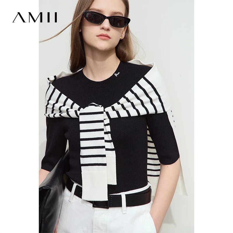 

Amii Minimalism Knitted Sweater for Women 2025 Autumn Mid Sleeve Solid O Neck Versatile Pullovers Embroidery Slim Tops 12541082