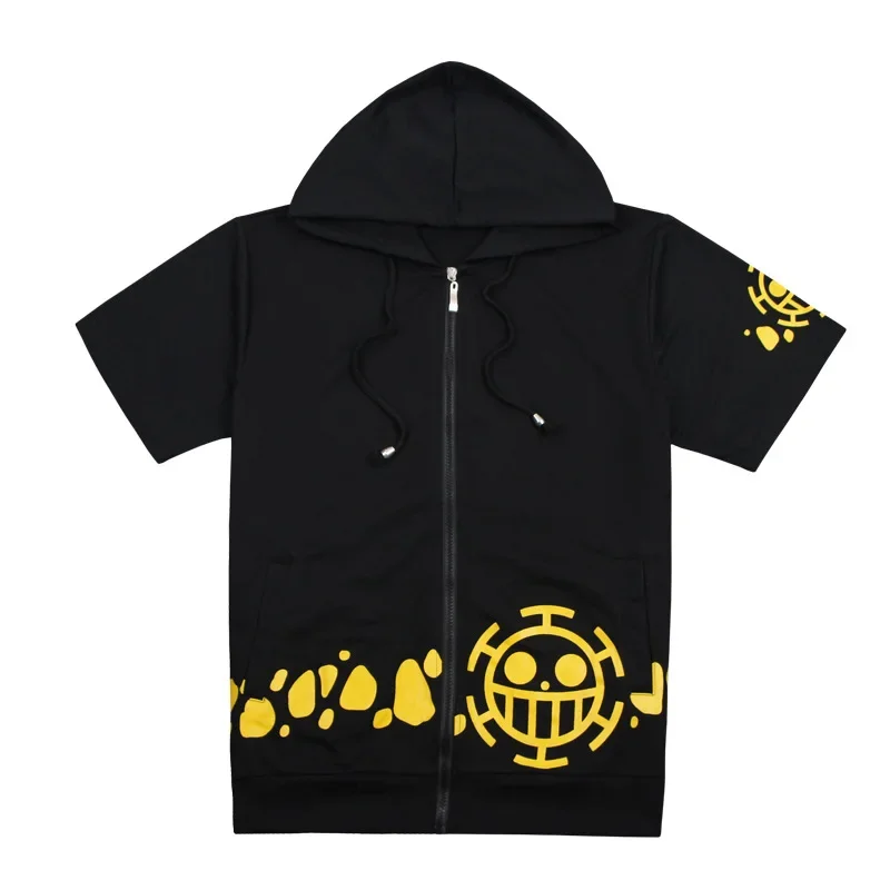 Anime One Piece Trafalgar Law Cosplay Short Sleeve Casual Hooded Sweatshirt Unisex Black Hoodie Jacket Tops Shirts Costumes