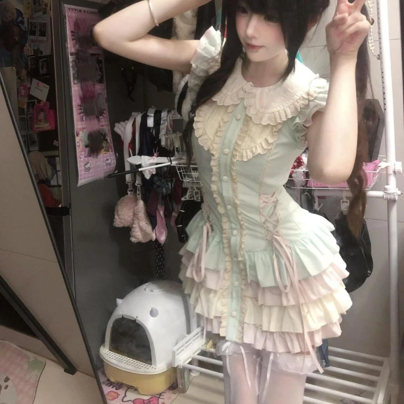 2000年代風 カワイイ ロリータ風 レース スリム ショート丈 パーティードレス Y2K 原宿系 ワンピース 韓国風 夏 ノースリーブ ケーキミニドレス