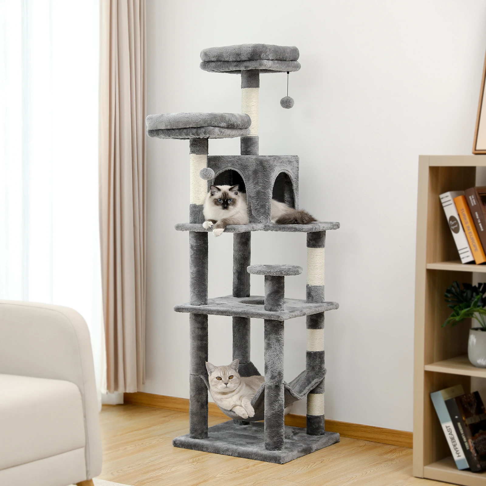 Árvore de gato de vários níveis com postes de arranhões, rede aconchegante, torre de gato de pelúcia para interior, cama de condomínio de gato, acessórios de gato, brinquedos de gato